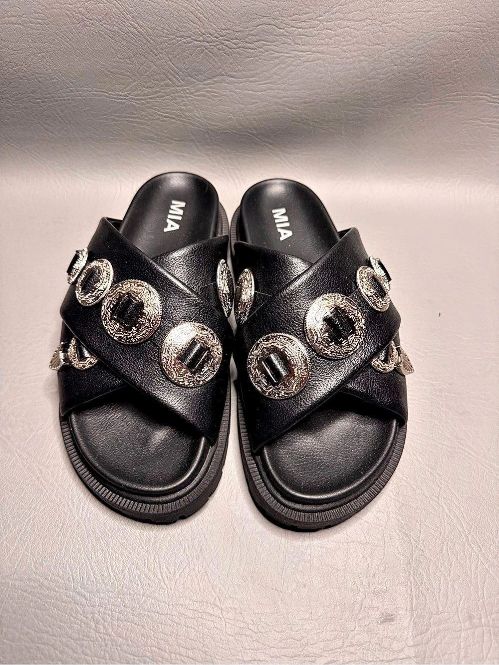 MIA Gorgene Platform Slide Sandals double cross-strap Silver Concho Faux Buckle